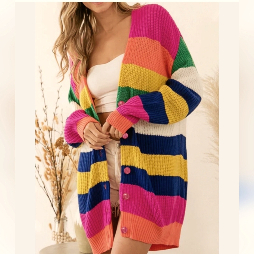 BIBI Fuschsia Multi Stripped Cardigan (xl)NWT. FOR DENNISSHA SHOW